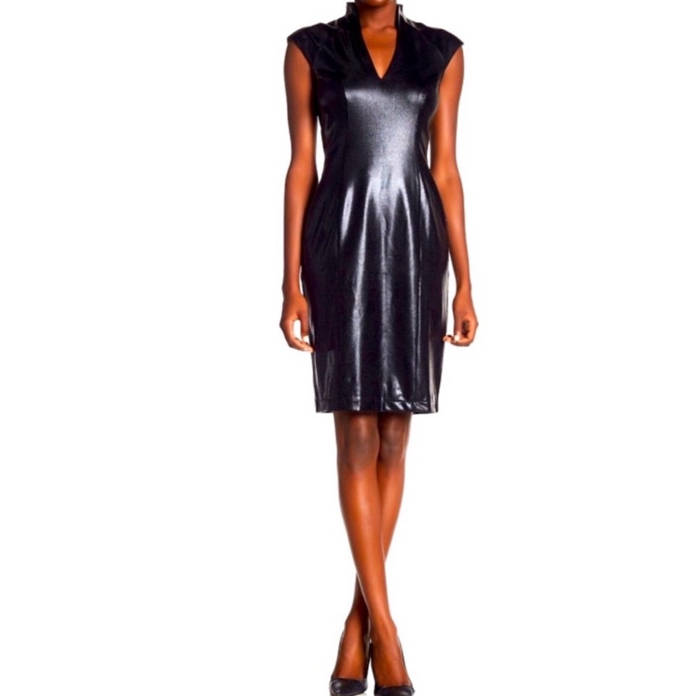 Alexia Admor Shiny Black V-Neck Midi Sheath Dress